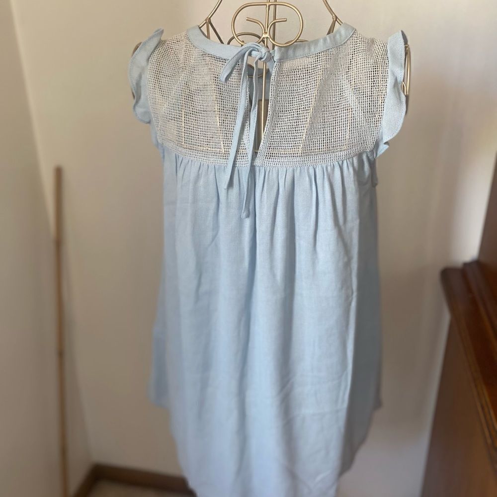 Doe & Rae Light Blue Mesh Yoke Ruffle Sleeve Top - Picture 6 of 13